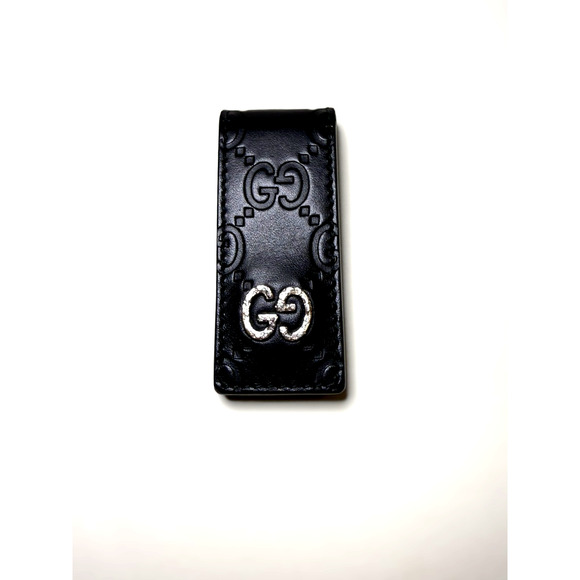 Gucci Money Bill Clip Magnetized Black GG Logo Silver Leather Excellent UC - Picture 1 of 6
